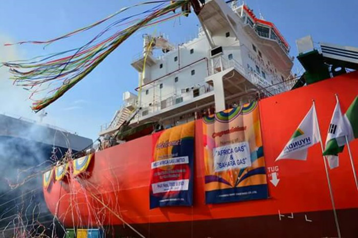 A naming ceremony for two ships ordered by the Nigerian National Petroleum Corporation is held at the Hyundai Mipo Dockyards in Ulsan, Korea, on Jan. 17. The two LPG carriers were named the Africa Gas and the Sahara Gas.